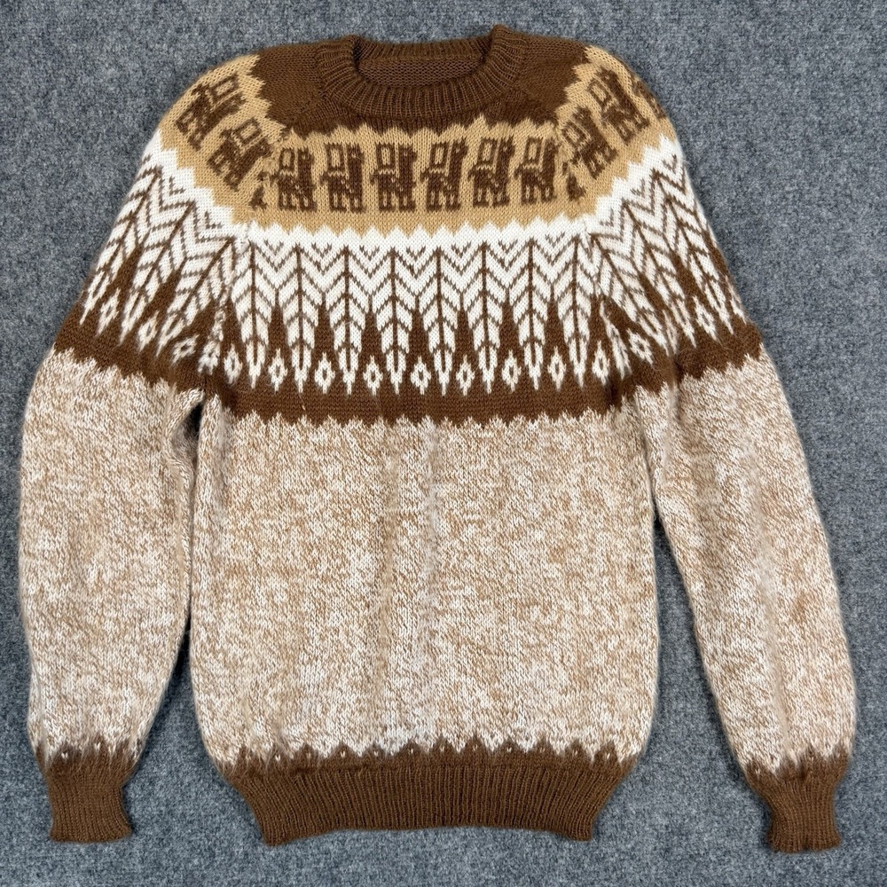 🦙 Hand Knit Alpaca Wool Sweater Nordic Fair Isle Pullover Brown Mens S Womens M